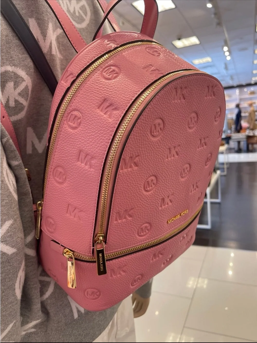 Michael Kors Rhea Medium Zip MK Logo Debossed Backpack Carnation NWT